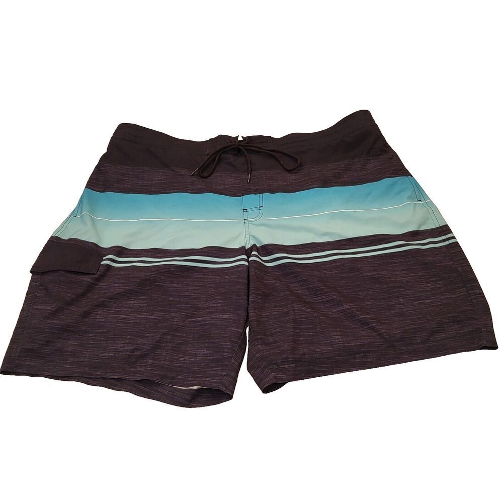 Sonoma Men's Size 2XB Swim Trunks Black Teal White Stripes Faux Fly Drawstring - Picture 3 of 16